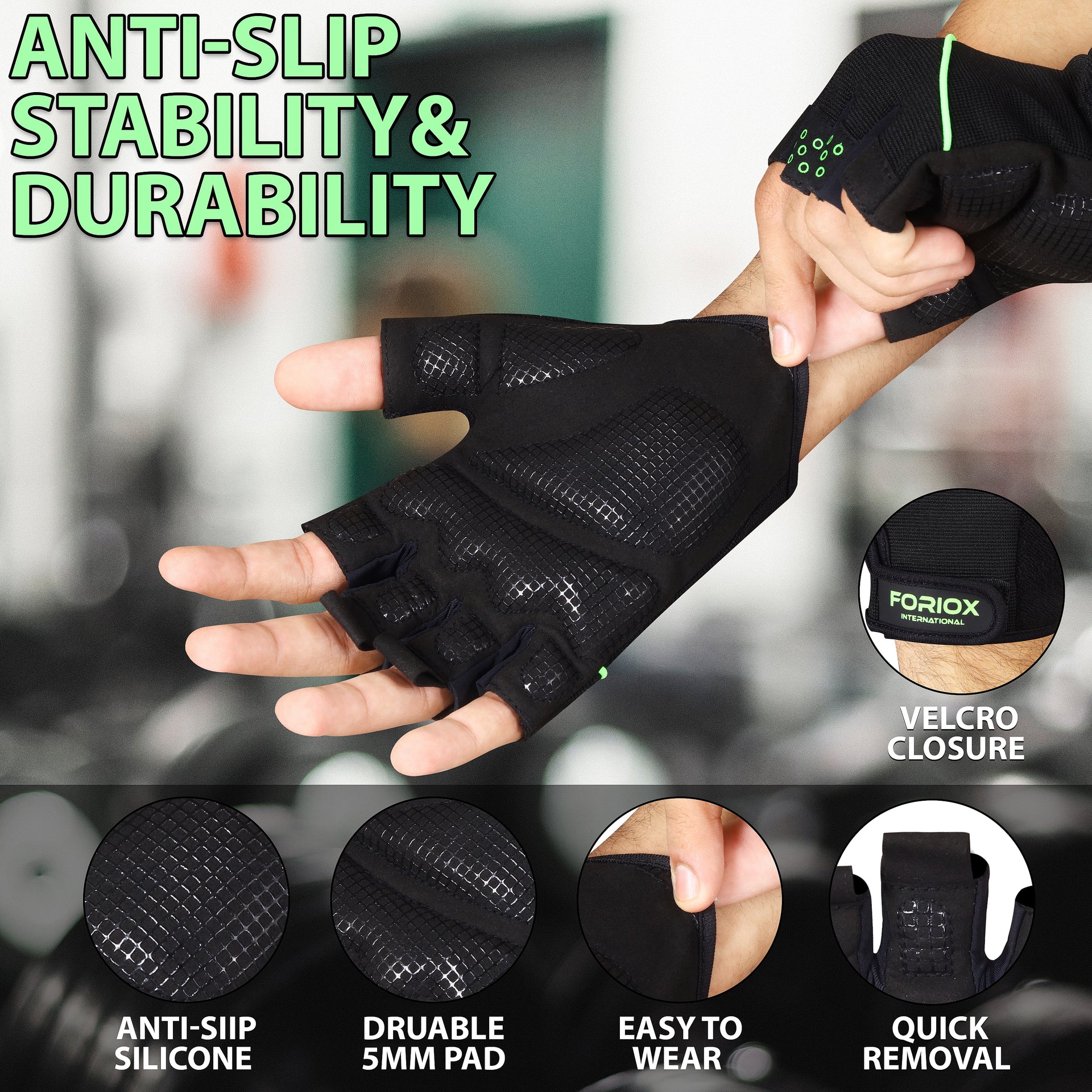 Protective black gym gloves with padded palms and adjustable wrist straps for weightlifting.