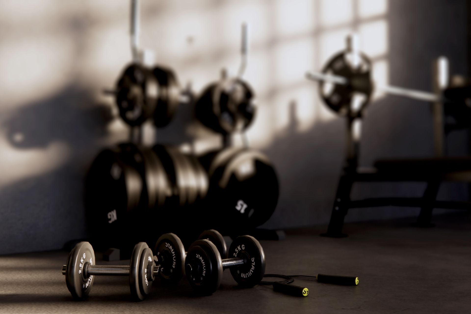 Gym accessories: dumbbells, resistance bands, yoga mat, skipping rope, and water bottle.