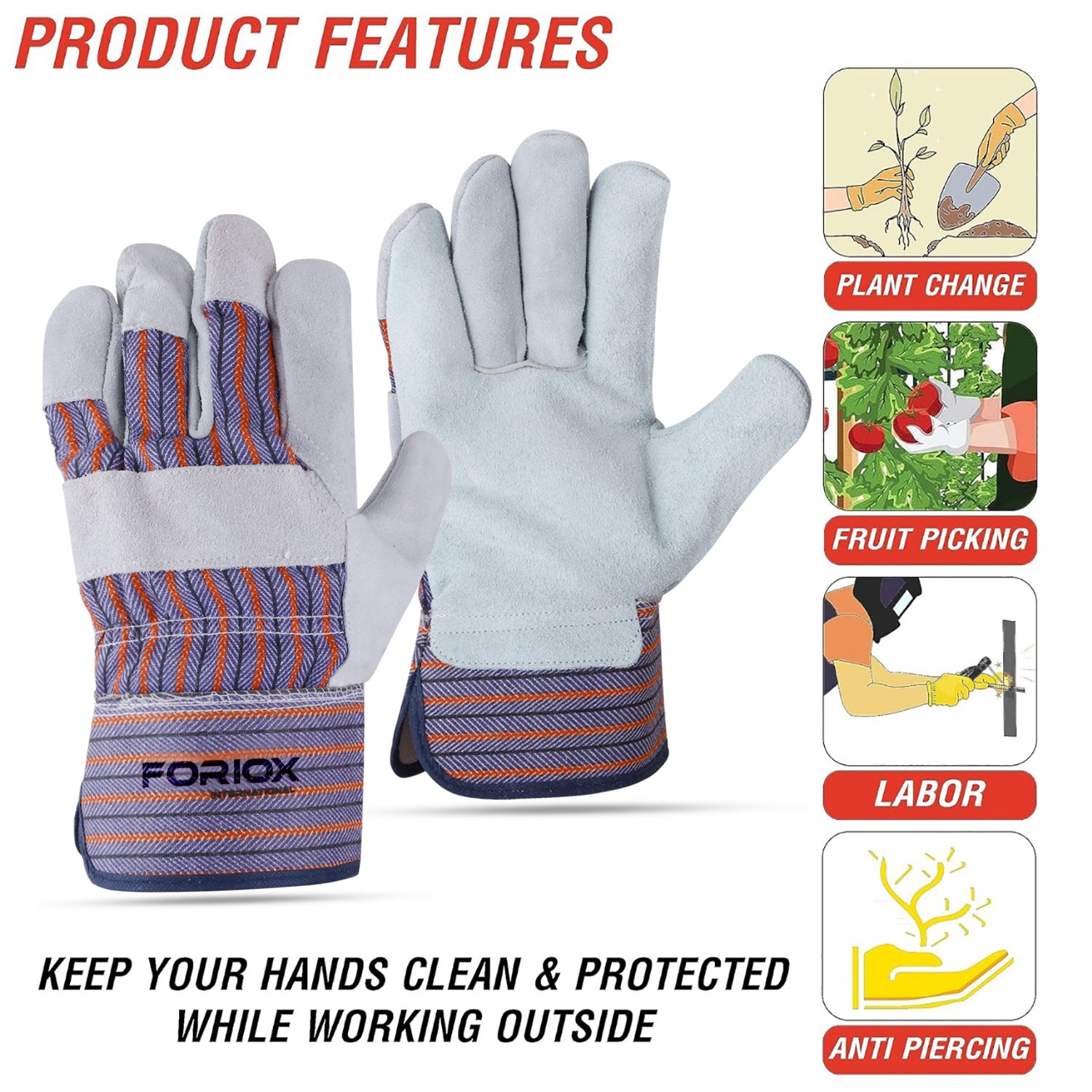 Foriox International Split Leather Work Gloves